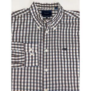 Faconnable Classic Fit Button-Down Blue Brown Plaid Long Sleeve Men’s XXL